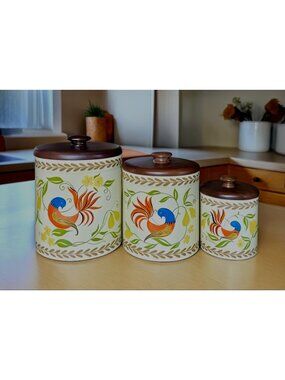 Vintage Ransburg Hand-Painted Metal Canister Set W/Wood Lids Floral & Bird Desig